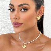 Conjunto Pérola Colar e brinco - Ícone Coração Banhado a Ouro
